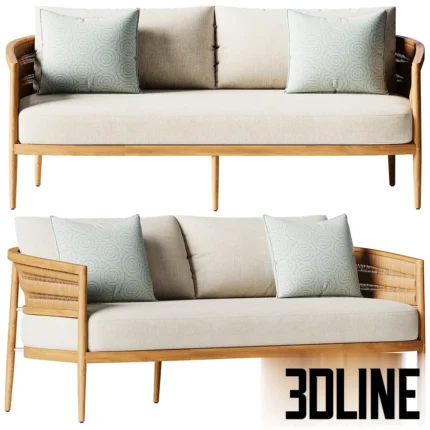 3D model of the Nusa Teak outdoor sofa featuring a solid wood frame with a curved woven rope backrest and light beige cushions.