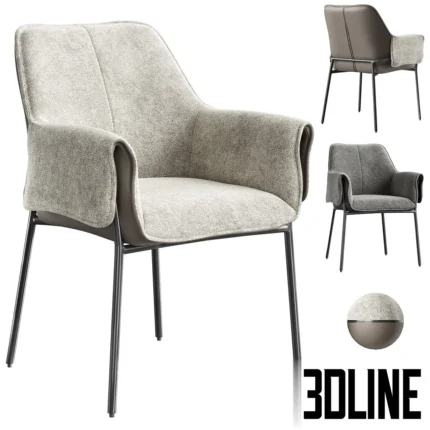 3D model of the Ogogo armchair featuring a grey textured fabric seat with a wrap-around backrest and slender black metal legs.