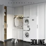3D model of a complete luxury laundry room set (Origine Aeterna) featuring white cabinetry, a marble countertop sink, hanging rails, and stacked Asko appliances.
