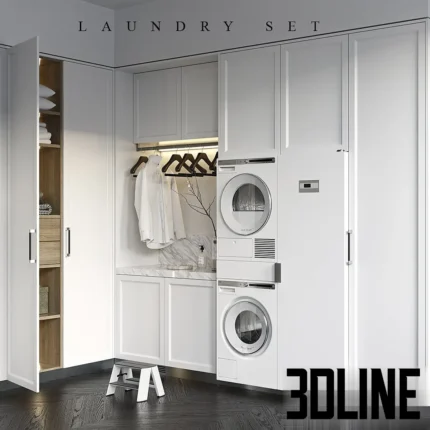 3D model of a complete luxury laundry room set (Origine Aeterna) featuring white cabinetry, a marble countertop sink, hanging rails, and stacked Asko appliances.