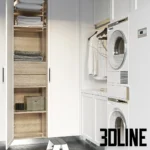3D model of a complete luxury laundry room set (Origine Aeterna) featuring white cabinetry, a marble countertop sink, hanging rails, and stacked Asko appliances.