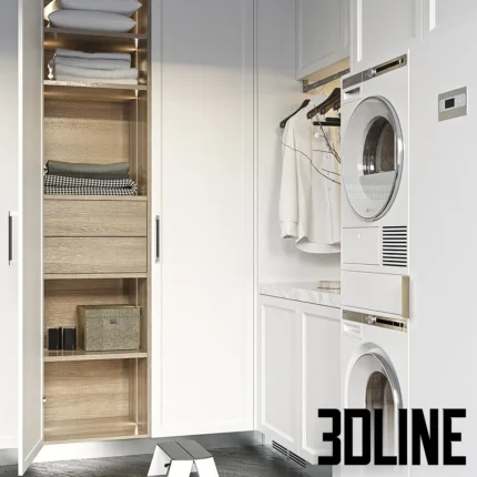 3D model of a complete luxury laundry room set (Origine Aeterna) featuring white cabinetry, a marble countertop sink, hanging rails, and stacked Asko appliances.