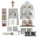 3D model set of a home iconostasis including silver and gold Orthodox icons of Christ and Virgin Mary, a wall shelf, candles, bible, and a cross.