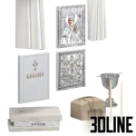 3D model set of a home iconostasis including silver and gold Orthodox icons of Christ and Virgin Mary, a wall shelf, candles, bible, and a cross.