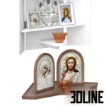 3D model set of a home iconostasis including silver and gold Orthodox icons of Christ and Virgin Mary, a wall shelf, candles, bible, and a cross.
