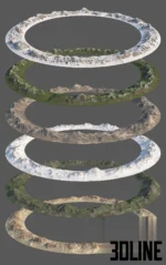 3D visualization of a panoramic ring of mountains texture set, showing a loop of diverse terrains including snowy peaks, rocky slopes, and grassy hills for environment backgrounds.