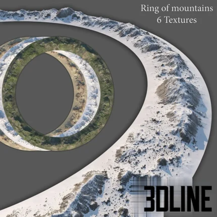 3D visualization of a panoramic ring of mountains texture set, showing a loop of diverse terrains including snowy peaks, rocky slopes, and grassy hills for environment backgrounds.