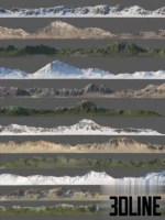 3D visualization of a panoramic ring of mountains texture set, showing a loop of diverse terrains including snowy peaks, rocky slopes, and grassy hills for environment backgrounds.