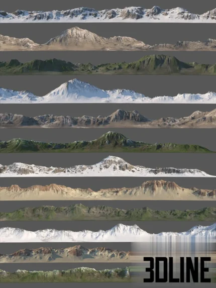 3D visualization of a panoramic ring of mountains texture set, showing a loop of diverse terrains including snowy peaks, rocky slopes, and grassy hills for environment backgrounds.
