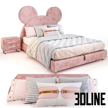 3D model of a children's bed upholstered in pink velvet featuring a headboard with large round bear ears, lift-up storage mechanism, and cozy bedding.