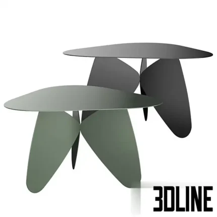 3D model set of the Play table featuring a smooth organic triangular top supported by three interlocking fin-like legs, available in black and sage green.