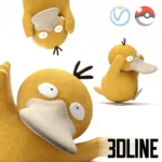 3D model of the Pokemon character Psyduck as a plush toy, featuring a soft yellow velvet texture and holding its head in a signature headache pose.
