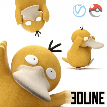 3D model of the Pokemon character Psyduck as a plush toy, featuring a soft yellow velvet texture and holding its head in a signature headache pose.