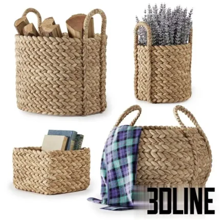 3D model set of Pottery Barn Beachcomber baskets made from thick hand-woven seagrass, shown filled with firewood, lavender plants, books, and a plaid blanket.