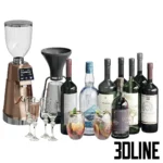 3D model set of a professional coffee bar including a bronze espresso machine, grinder, pour-over kit, syrup bottles, and various liquor bottles for cocktails.