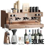 3D model set of a professional coffee bar including a bronze espresso machine, grinder, pour-over kit, syrup bottles, and various liquor bottles for cocktails.