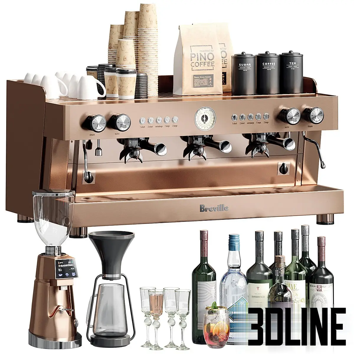 professional-coffee-bar-espresso-machine-accessories-set-3d-model.webp (2) 3D model set of a professional coffee bar including a bronze espresso machine, grinder, pour-over kit, syrup bottles, and various liquor bottles for cocktails.