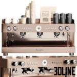 3D model set of a professional coffee bar including a bronze espresso machine, grinder, pour-over kit, syrup bottles, and various liquor bottles for cocktails.