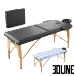 3D model of the Proxima Parma 70 folding massage table in black, shown in open position with headrest and armrests, folded into a carrying case, and draped with a towel.
