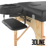 3D model of the Proxima Parma 70 folding massage table in black, shown in open position with headrest and armrests, folded into a carrying case, and draped with a towel.