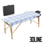 3D model of the Proxima Parma 70 folding massage table in black, shown in open position with headrest and armrests, folded into a carrying case, and draped with a towel.