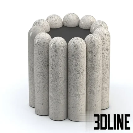 3D model of a cylindrical side table composed of vertical ceramic logs featuring a Raku-style white crackle glaze texture and a dark inset top.