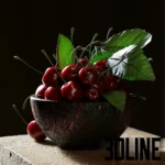 3D model of a dark ceramic bowl filled with fresh, glossy red cherries and green leaves, featuring realistic water droplets and lighting details.