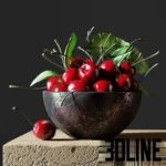 3D model of a dark ceramic bowl filled with fresh, glossy red cherries and green leaves, featuring realistic water droplets and lighting details.