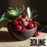 3D model of a dark ceramic bowl filled with fresh, glossy red cherries and green leaves, featuring realistic water droplets and lighting details.