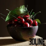 3D model of a dark ceramic bowl filled with fresh, glossy red cherries and green leaves, featuring realistic water droplets and lighting details.