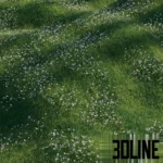 3D visualization of a lush green grass field scattered with small delicate white anemone flowers, suitable for realistic landscape rendering.