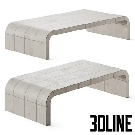 3D model of the Restoration Hardware (RH) Lucien coffee table featuring a minimalist waterfall shape clad in rectangular parchment-style panels in a light beige finish.
