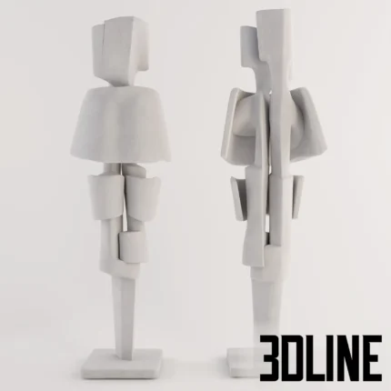 3D model of the "Flair 1970" sculpture by Roger Desserprit, featuring a vertical totem-like composition of abstract geometric forms in white plaster.