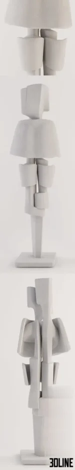 3D model of the "Flair 1970" sculpture by Roger Desserprit, featuring a vertical totem-like composition of abstract geometric forms in white plaster.