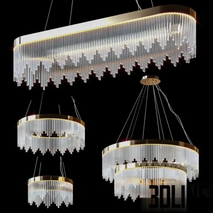 3D model set of Romatti Fairytale chandeliers in round and oval shapes, featuring a gold band with hanging crystal glass rods arranged in a jagged fringe pattern.