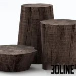 3D model set of three dark solid wood stump coffee tables featuring realistic tree ring textures, cracks, and organic irregular shapes.