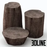 3D model set of three dark solid wood stump coffee tables featuring realistic tree ring textures, cracks, and organic irregular shapes.