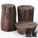 3D model set of three dark solid wood stump coffee tables featuring realistic tree ring textures, cracks, and organic irregular shapes.
