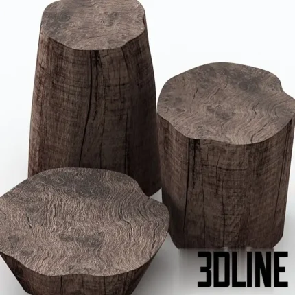 3D model set of three dark solid wood stump coffee tables featuring realistic tree ring textures, cracks, and organic irregular shapes.