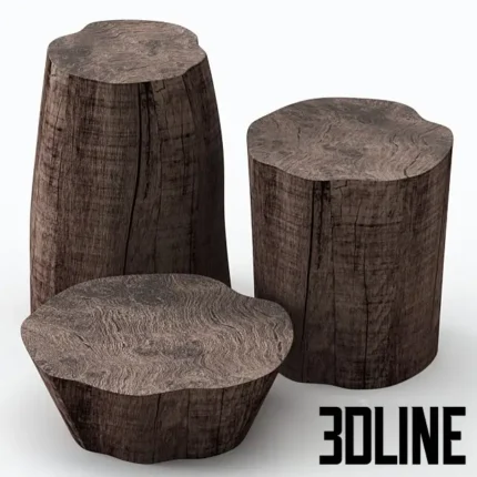 3D model set of three dark solid wood stump coffee tables featuring realistic tree ring textures, cracks, and organic irregular shapes.