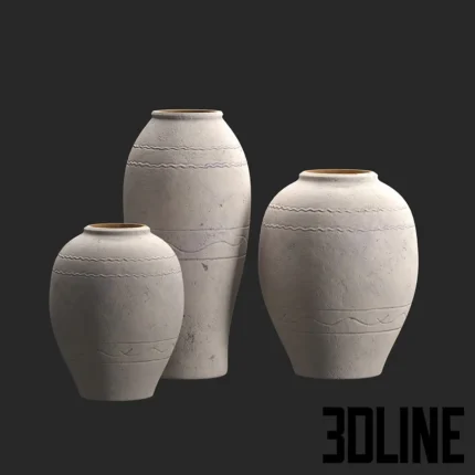 3D model set of three artisan terracotta vases in a weathered white finish, featuring rustic textures and engraved wavy line patterns.