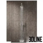 3D model of a Salvatori style shower system featuring a conical rain shower head with flowing water simulation, a handheld unit, and mixer controls on a textured stone wall.