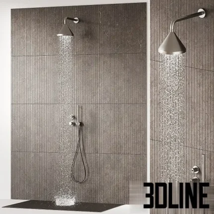 3D model of a Salvatori style shower system featuring a conical rain shower head with flowing water simulation, a handheld unit, and mixer controls on a textured stone wall.