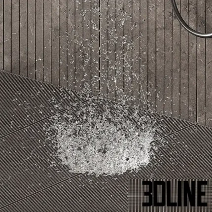 3D model of a Salvatori style shower system featuring a conical rain shower head with flowing water simulation, a handheld unit, and mixer controls on a textured stone wall.