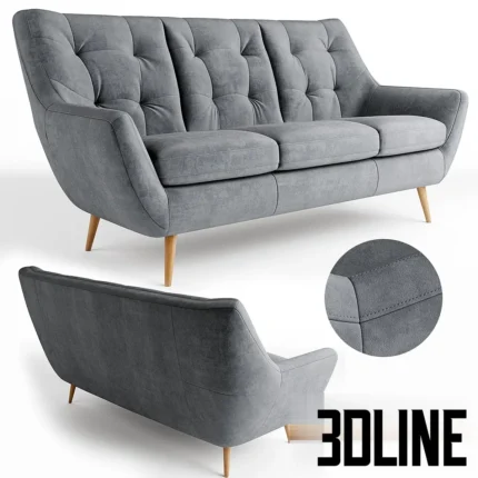 3D model of a grey Scandinavian style three-seater sofa featuring a high tufted backrest, winged arms, and splayed wooden legs.