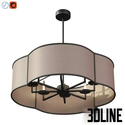 3D model of the Sherwood pendant lamp featuring a beige fabric drum shade enclosed in a structural black metal frame with internal candelabra bulbs.