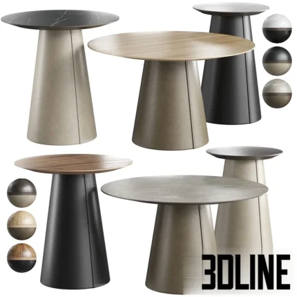 3D model set of Skdesign Lagen tables featuring conical bases upholstered in beige and black leather, topped with thin round surfaces in wood and marble finishes.
