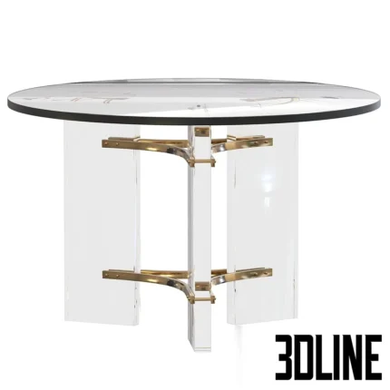 3D model of the Tamara center table featuring three clear acrylic legs connected by brass brackets, supporting a round top with a marble effect.