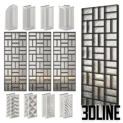 3D model set of glass block walls featuring various textured patterns including waves, diamonds, and concentric circles, framed in black metal.