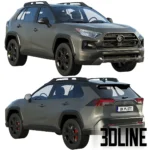 3D model of the 2020 Toyota RAV4 TRD Off-Road edition in a grey finish, featuring black alloy wheels, roof rails, and detailed exterior bodywork.